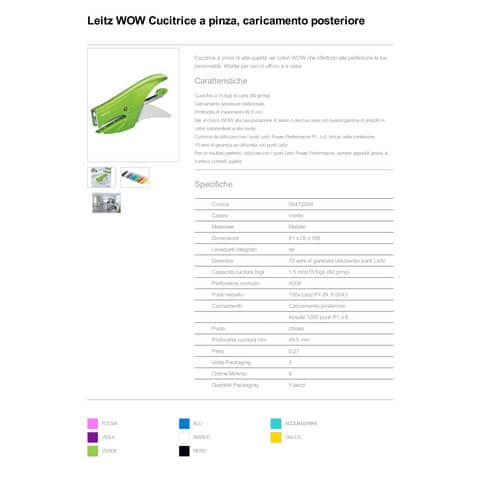 Cucitrice fino a 15 fogli Leitz 5547 WOW verde lime metallizzato 55472054